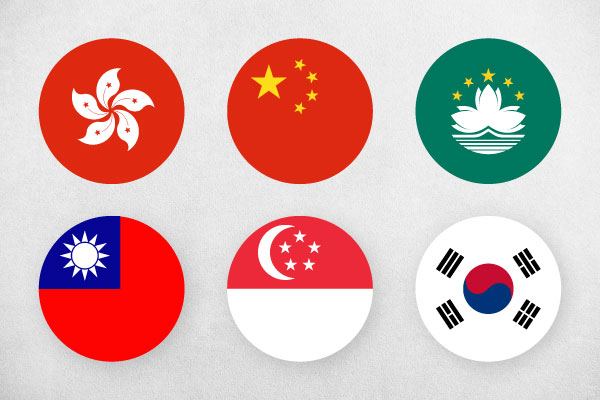The flags of different countries or regions using Chinese